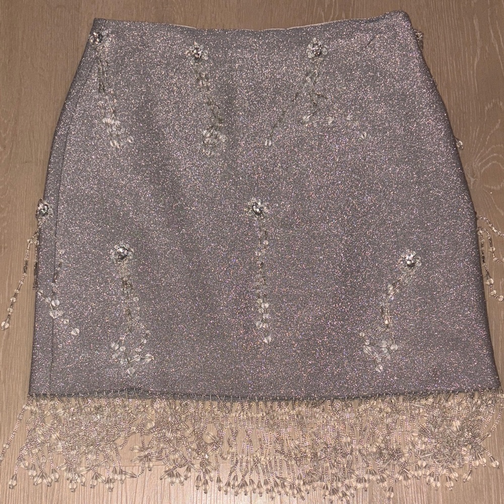 PatBO Shimmering Silver Beaded Mini Skirt